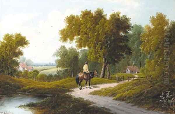 A horseman by a pond in a wooded landscape; and A horse and cart by a cottage Oil Painting by Etty Horton