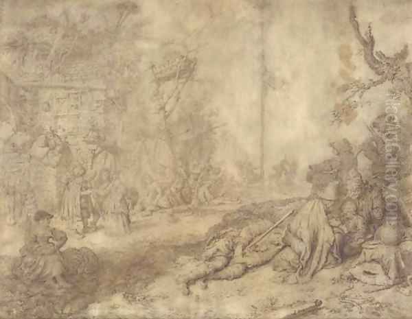 A village scene with peasants relaxing under a tree to the left, others dancing around a maypole beyond Oil Painting by Gerrit Adriaensz. De Heer