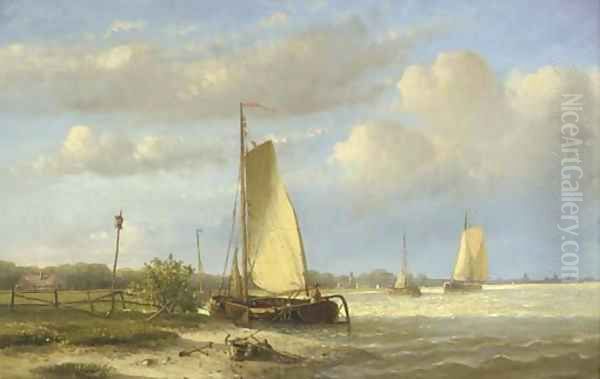 Sailing barges on a river; Vessels on a calm river Oil Painting by Hendrik Hulk