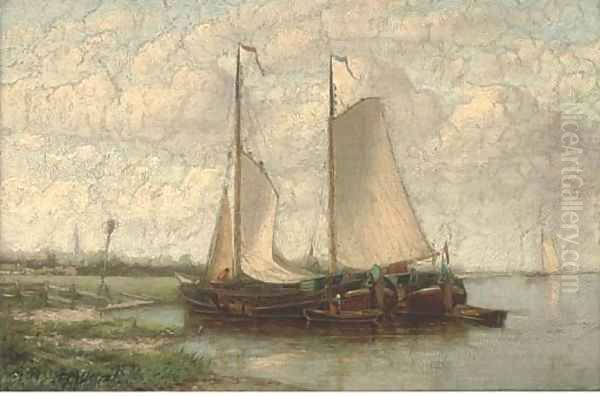 Barges moored on a Dutch waterway Oil Painting by Hendrik Hulk