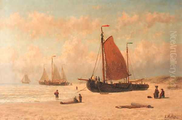 Bomschuiten on the beach of Zandvoort, Noord Holland Oil Painting by Hendrik Hulk