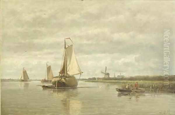 A calm a haybarge on a river Oil Painting by Hendrik Hulk