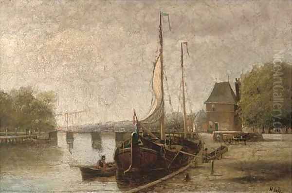 A Dutch canal with barges, near Haarlem Oil Painting by Hendrik Hulk