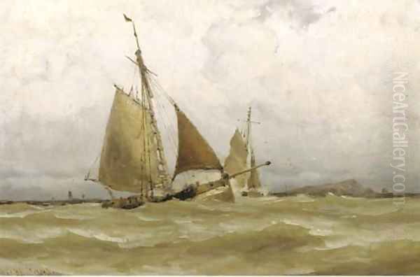 In full sail by a coastline Oil Painting by Jacob Huijbrecht Hollestelle