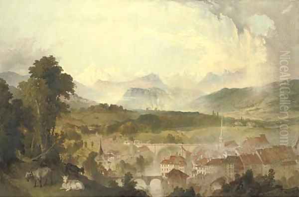 View of Berne with the Aar River and the Nydegg Bridge, goats in the foreground and the Alps beyond Oil Painting by James Astbury Hammersley