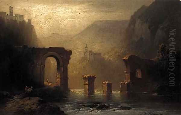 Figures on a riverside track by a ruined bridge Oil Painting by Karl Heilmaier