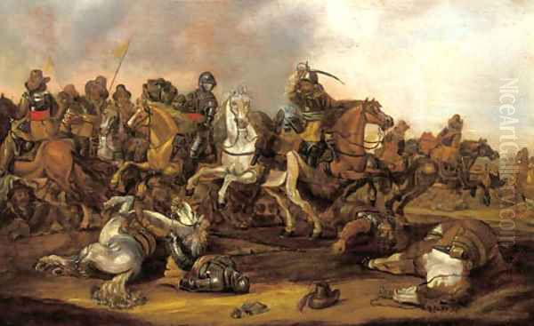 A cavalry skirmish Oil Painting by Abraham Van Der Hoeff