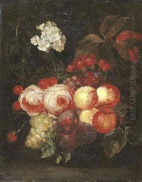 Roses, peaches, plums, bunches of grapes, cherries and flowers on a ledge Oil Painting by Cornelis De Heem