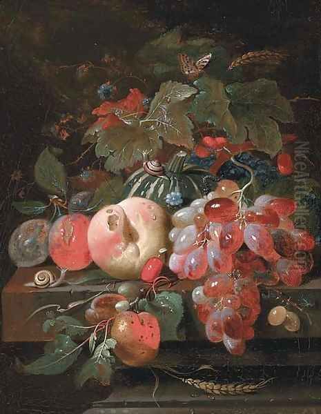 Grapes, plums, a peach, a melon and cherries on a stone ledge Oil Painting by Cornelis De Heem