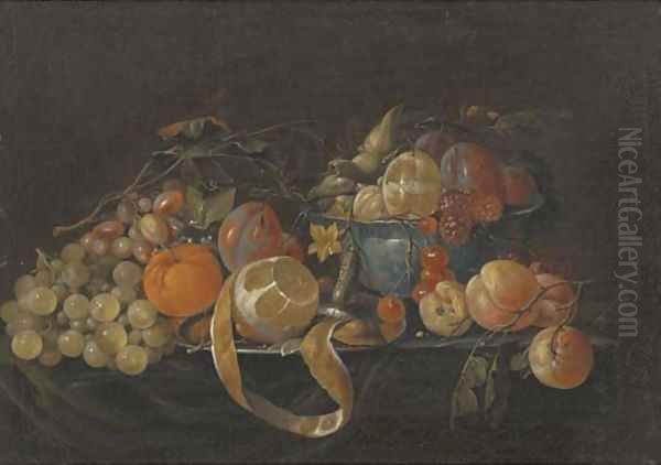 A partly-peeled lemon on a pewter plate Oil Painting by Cornelis De Heem