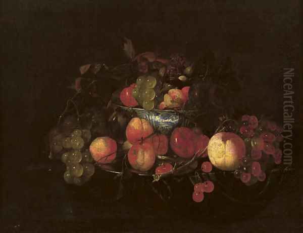 A silver plate with peaches and cherries Oil Painting by Cornelis De Heem