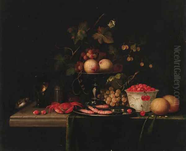 Grapes on a vine with gooseberries in a tazza, prawns in a pewter dish Oil Painting by Cornelis De Heem