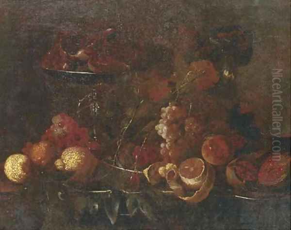 Grapes, lemons, pomegranates, an orange and other fruit on pewter platters Oil Painting by Cornelis De Heem