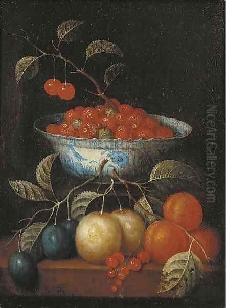 Cherries and other fruit in a 'kraak' porselein bowl Oil Painting by Cornelis De Heem