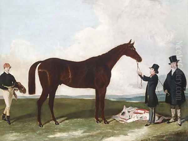 A racehorse held by a groom with the trainer and jockey Oil Painting by Harry Hall