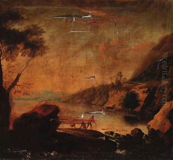 A river landscape with a fisherman before a waterfall Oil Painting by Jan Baptist Huysmans