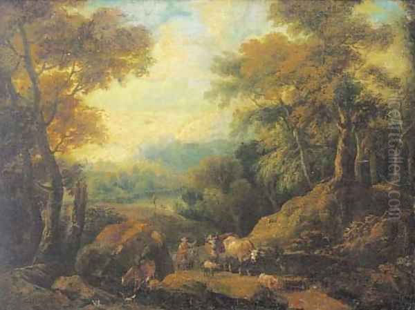 A wooded lakeside landscape with a drover and his herd Oil Painting by Jan Baptist Huysmans