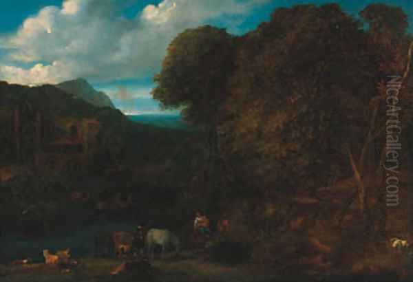 A wooded river landscape with peasants on a track, a ruin beyond Oil Painting by Jan Baptist Huysmans