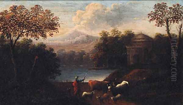 River landscapes with drovers on paths, castles beyond Oil Painting by Jan Baptist Huysmans