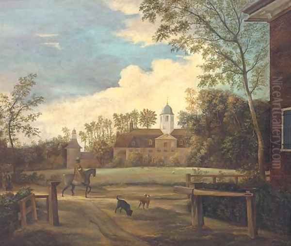 An elegant traveller and two dogs before a country house Oil Painting by Jan Van Der Heyden