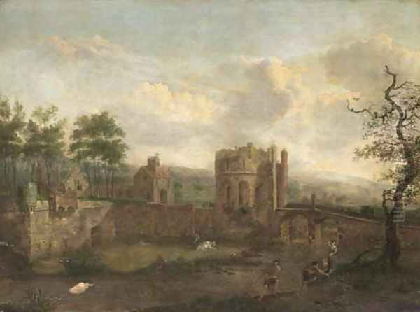 A river landscape with figures on a bank, a bridge to a walled town beyond Oil Painting by Jan Van Der Heyden