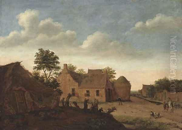 Figures on horseback on a track by a village Oil Painting by Jan Van Der Heyden