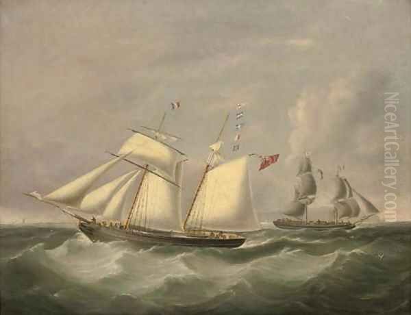 The topsail schooner Crescent passing the brig Jane off Holyhead Oil Painting by Joseph Heard