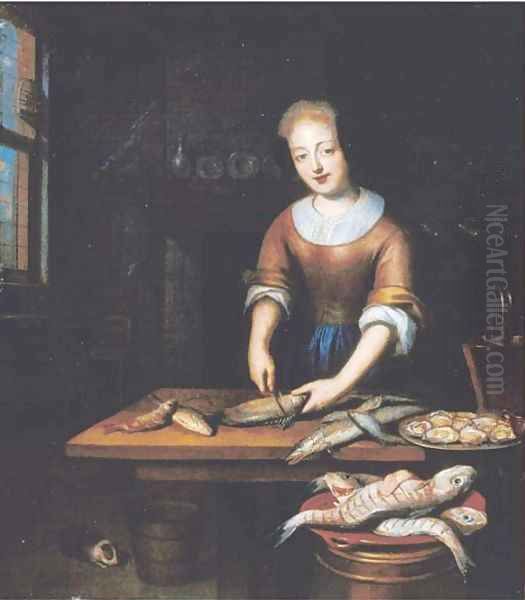 A young lady gutting fish in an interior Oil Painting by Reynier De La Haye