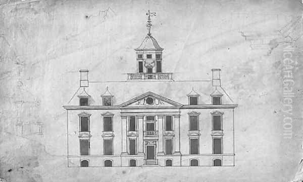 Design for a country house with ogee dome, with subsidiary studies of the dome and entablature Oil Painting by Robert Hooke