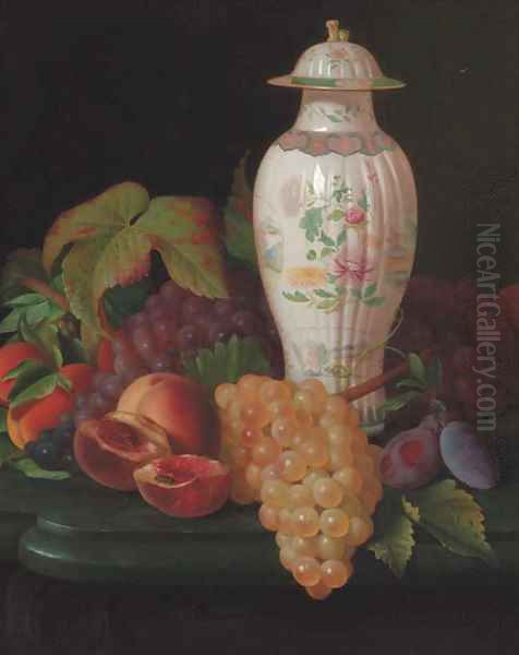 A famille rose vase with grapes Oil Painting by Antione Henault