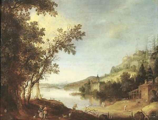 An extensive river landscape with travellers by a road, a castle beyond Oil Painting by Claes Dircksz. Van Der Heck