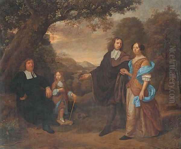 A group portrait of a family in a wooded landscape Oil Painting by Daniel Haringh