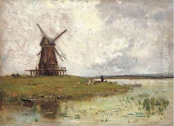 A shepherdess and her flock by a windmill Oil Painting by Horatio R. Hollingdale