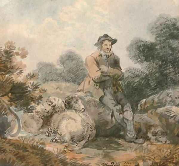 A shepherd and his flock Oil Painting by John Harding