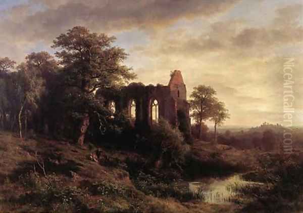 Abendlandschaft mit kirchenruine Oil Painting by Ludwig Halauska