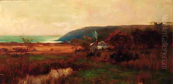 A faggot gatherer by a cottage in a Welsh coastal landscape Oil Painting by Parker Hagarty