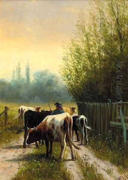 A drover herding cattle on a country track Oil Painting by William Frederick Hulk