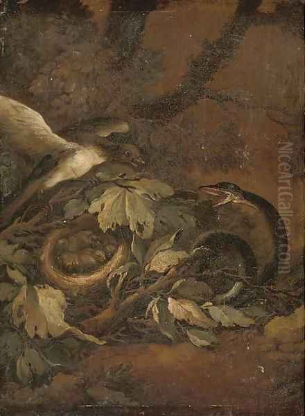 A snake startling a bird and a nest of chicks on a forest floor Oil Painting by Carl Wilhelm de Hamilton