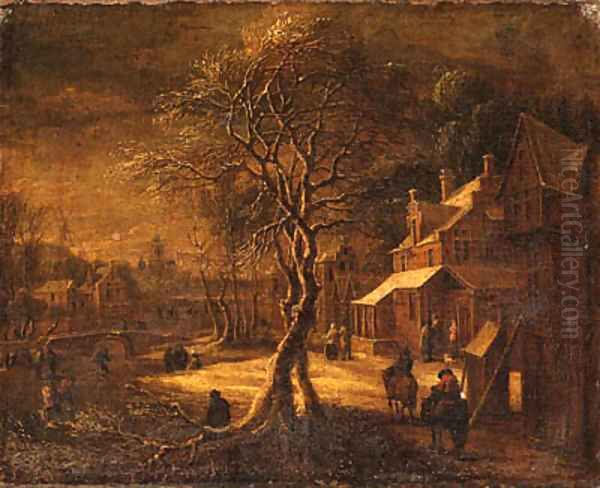 A Winter Landscape with Travellers on a Path in a Village, a frozen Waterway nearby Oil Painting by Daniel van Heil