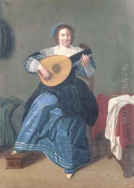 An elegant woman playing the lute in an interior Oil Painting by Dirk Hals