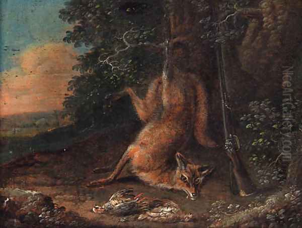 A dead fox and a brace of partridge at the edge of a wood Oil Painting by Ferdinand Phillip de Hamilton