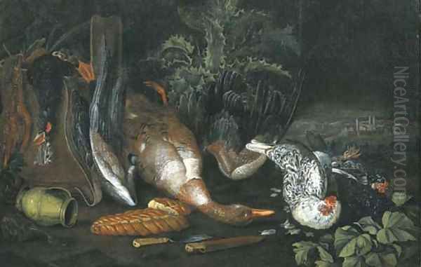 A partridge, a dead duck, a pitcher, two knives, a loaf of bread and hens, on a forest floor Oil Painting by Ferdinand Phillip de Hamilton