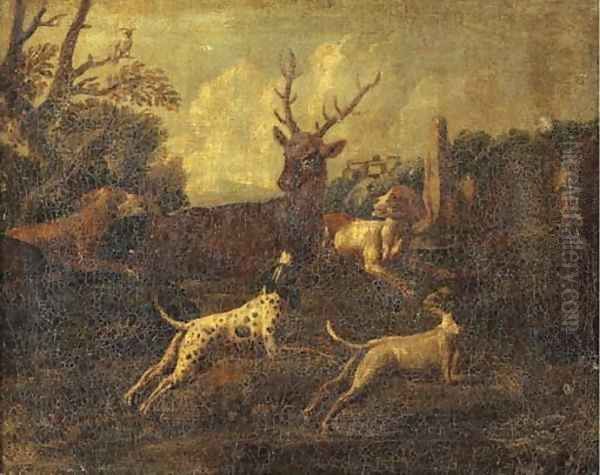 Dogs chasing a stag in a landscape, a town beyond Oil Painting by Ferdinand Phillip de Hamilton