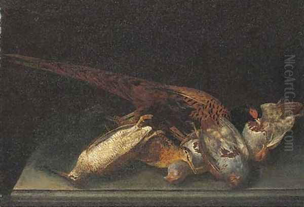 A dead pheasant, partridge and woodcock on a stone ledge Oil Painting by Ferdinand Phillip de Hamilton