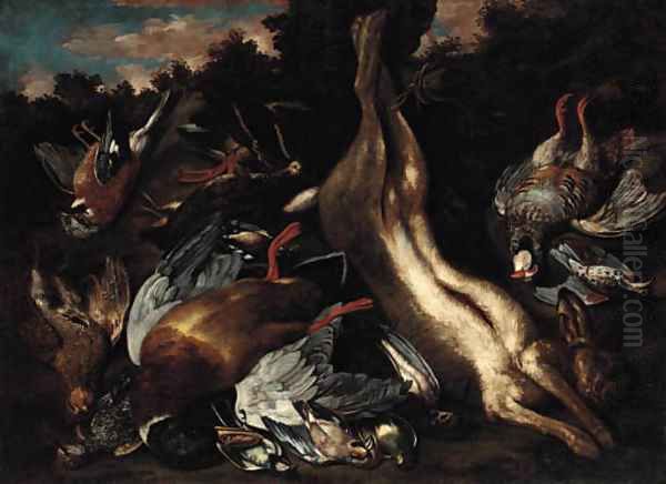 A still life with a hare, a partridge, ducks and other birds in a landscape Oil Painting by Ferdinand Phillip de Hamilton