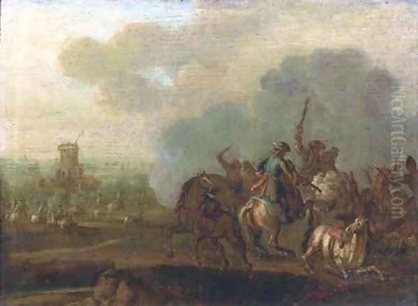 A cavalry skirmish, a fortress beyond Oil Painting by Jan von Huchtenburgh