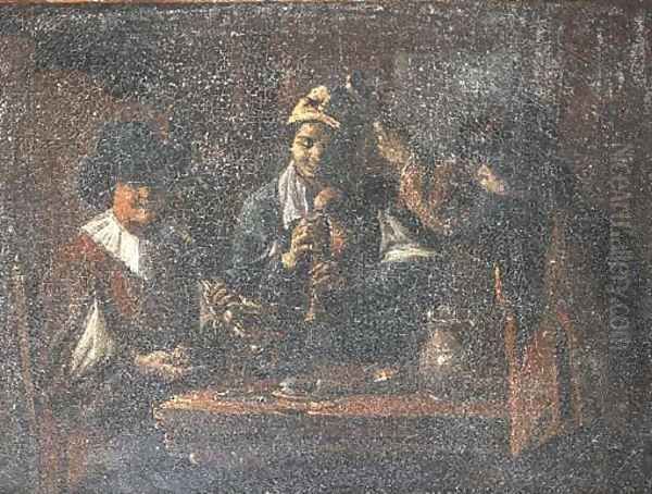 Peasants making music in an interior Oil Painting by Matheus van Helmont