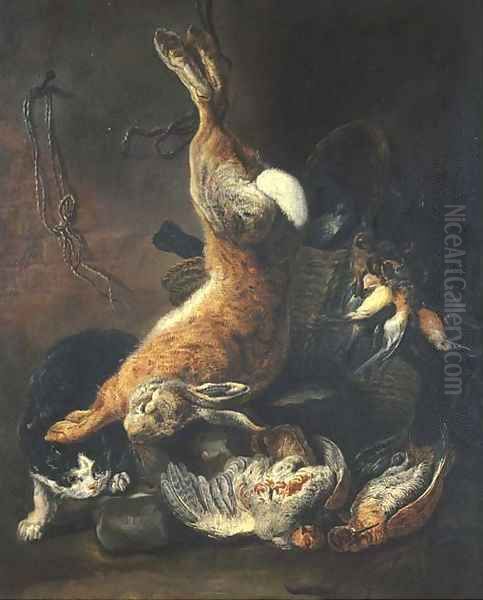 A hunting still life with a hare hanging from a rope by a stone wall Oil Painting by Nicolaas Van Herp