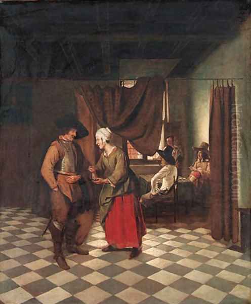 An interior with a soldier paying a servant Oil Painting by Pieter De Hooch