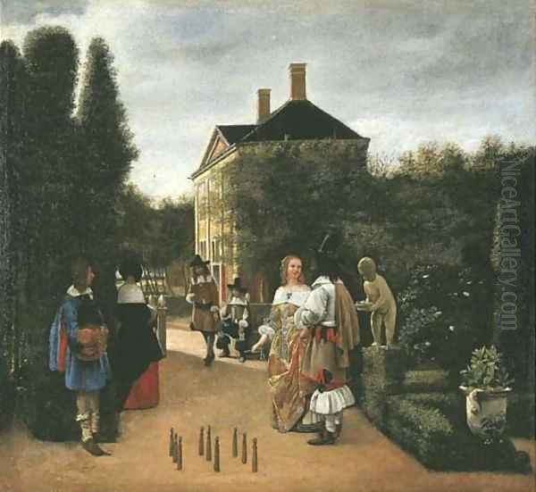 Elegant figures playing skittles in a landscaped park Oil Painting by Pieter De Hooch